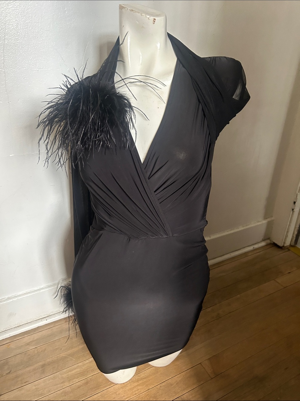 Akira Black Feather-Trim Wrap Cocktail Dress